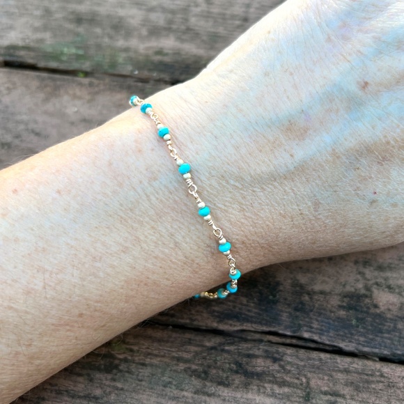 Handmade Natural Arizona Turquoise Bracelet Handcrafted 14k Yellow Gold Filled - Picture 5 of 10